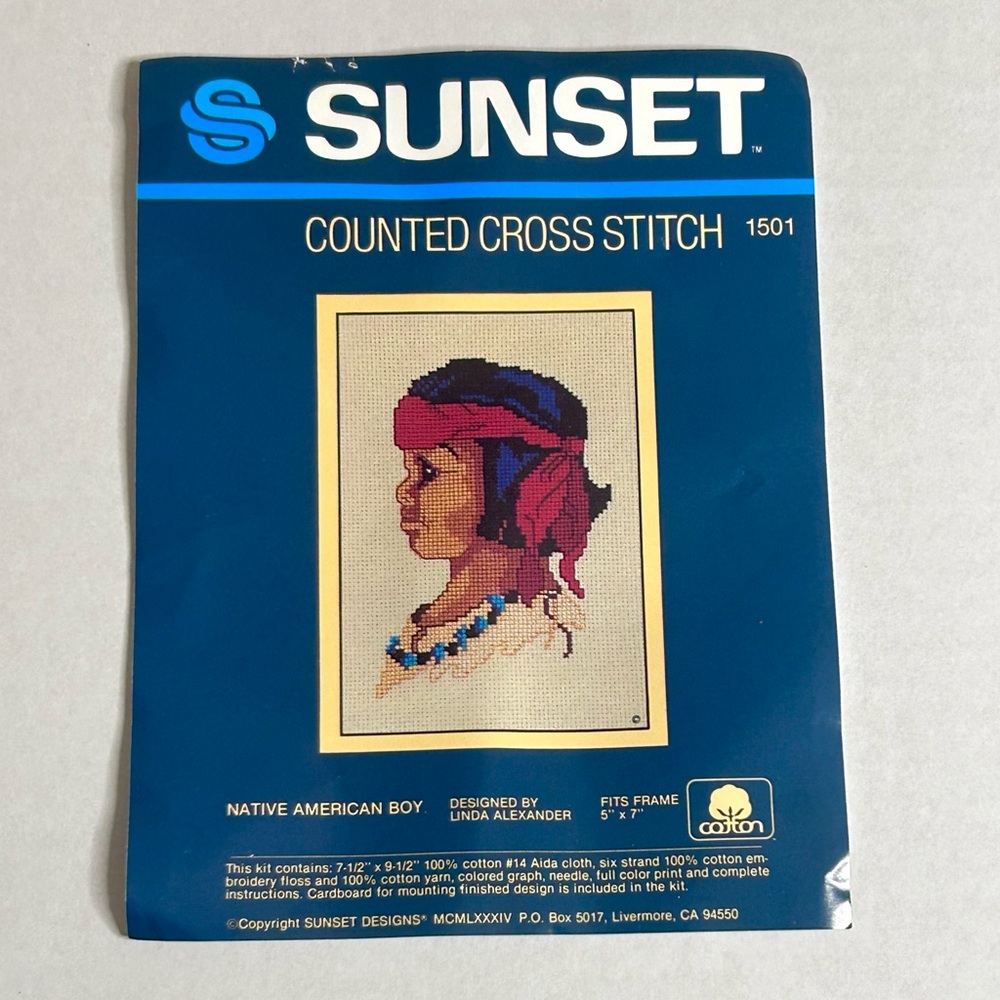 2 Sunset Counted Cross Stitch Kits Native American Boy. 1 Complete, 1 Incomplete
